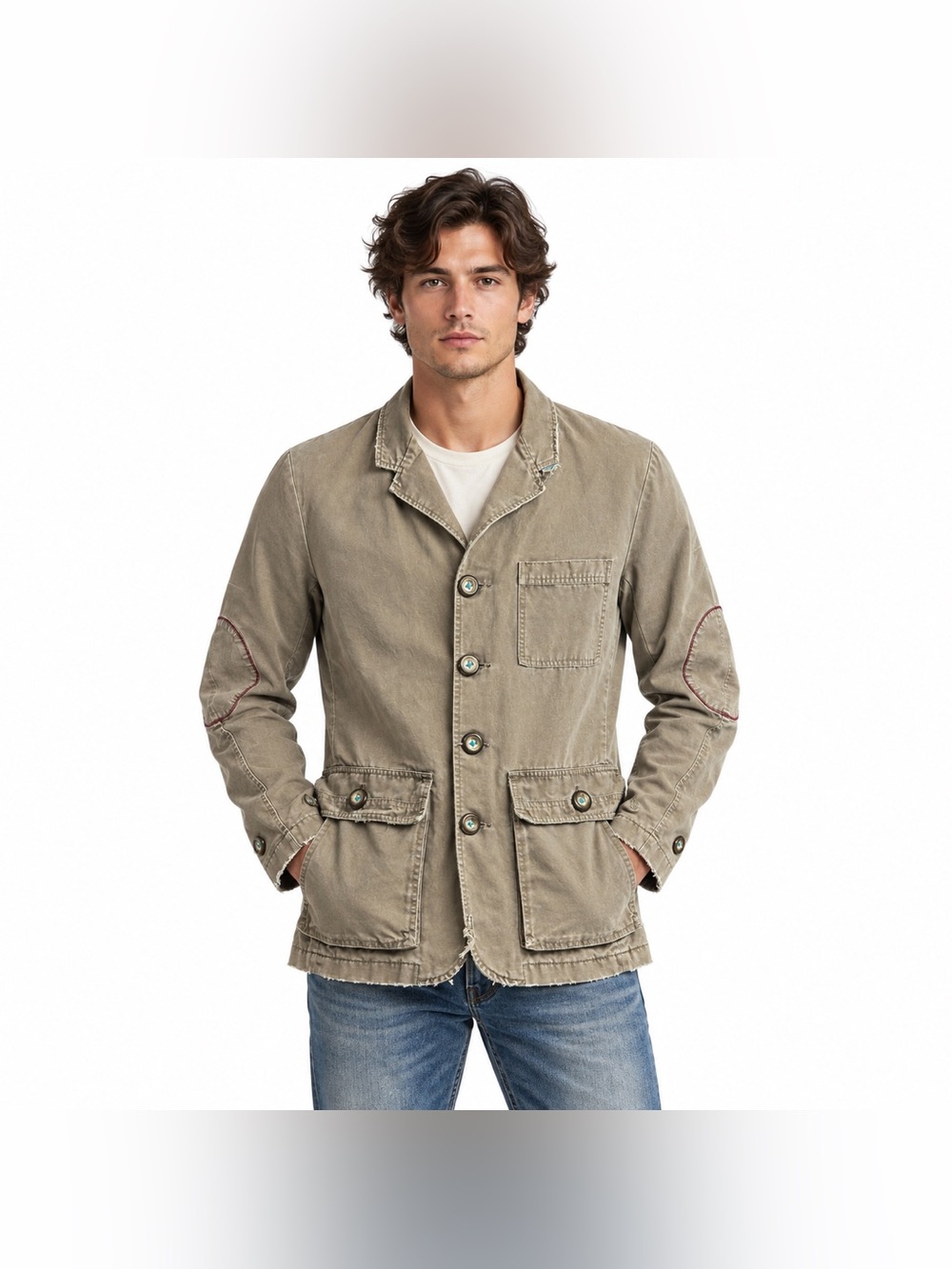 Trovata Large Distressed Cotton Utility Chore Jacket Elbow Patches